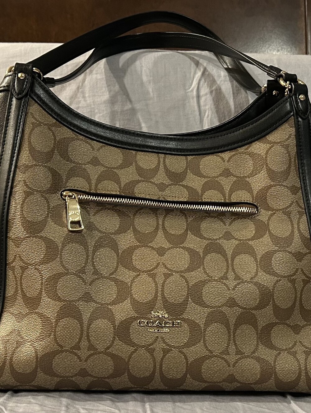 Coach Brown Signature Canvas Shoulder Bag with Black Trim - Picture 6 of 7